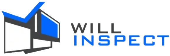 A logo featuring the text "WILL INSPECT" in gray and blue, accompanied by a stylized graphic of a house with a blue checkmark.