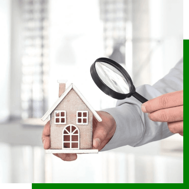 A person holding a house and magnifying glass