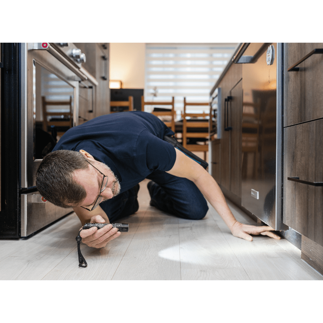 A man kneels on the kitchen floor using a flashlight to inspect the area under an appliance.